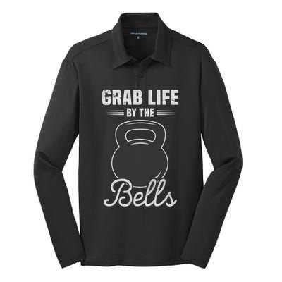 Grab Life By The Bells Gift Funny Kettlebell Swing Workout Gift Silk Touch Performance Long Sleeve Polo