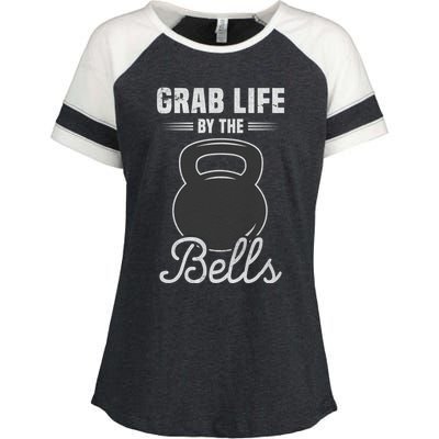 Grab Life By The Bells Gift Funny Kettlebell Swing Workout Gift Enza Ladies Jersey Colorblock Tee