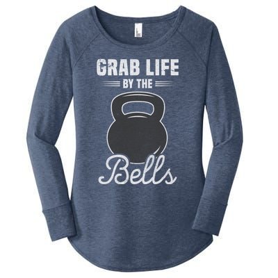 Grab Life By The Bells Gift Funny Kettlebell Swing Workout Gift Women's Perfect Tri Tunic Long Sleeve Shirt