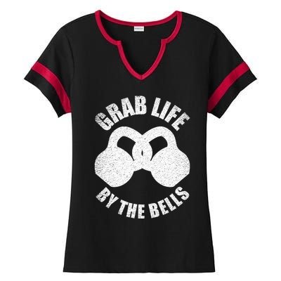 Grab Life By The Bells Gift Kettlebell Pun Gift Gym Motivational Funny Gift Ladies Halftime Notch Neck Tee