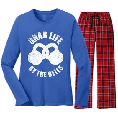 Grab Life By The Bells Gift Kettlebell Pun Gift Gym Motivational Funny Gift Women's Long Sleeve Flannel Pajama Set 