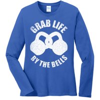 Grab Life By The Bells Gift Kettlebell Pun Gift Gym Motivational Funny Gift Ladies Long Sleeve Shirt