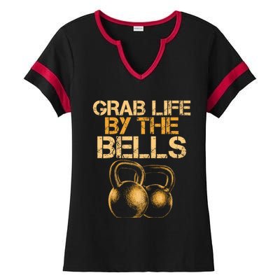 Grab Life By The Bells Kettlebells Workout Gym Bodybuilder Cool Gift Ladies Halftime Notch Neck Tee