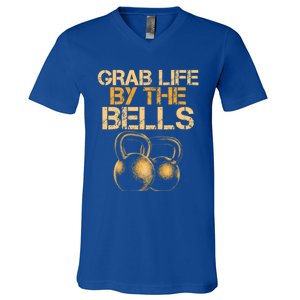 Grab Life By The Bells Kettlebells Workout Gym Bodybuilder Cool Gift V-Neck T-Shirt