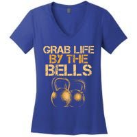 Grab Life By The Bells Kettlebells Workout Gym Bodybuilder Cool Gift Women's V-Neck T-Shirt