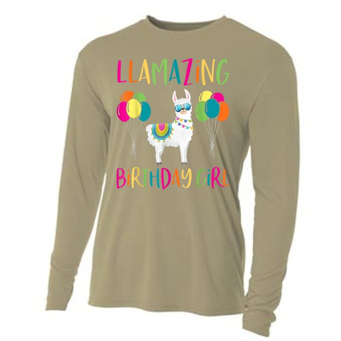 Girl Llama Birthday LLamazing Party Alpaca Balloons 1 Cooling Performance Long Sleeve Crew