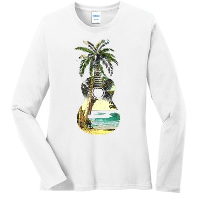 Guitar Lover Beach Palm Trees Vacation Acoustic Music Band Ladies Long Sleeve Shirt