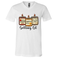 Getting Lit Candles Pumpkin Spice Fall Thanksgiving Matching V-Neck T-Shirt