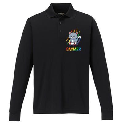 Gaymer LGBT Cat Pride Rainbow Video Game Lovers Gift Performance Long Sleeve Polo