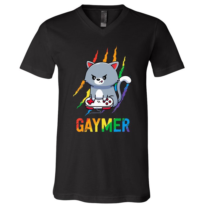 Gaymer LGBT Cat Pride Rainbow Video Game Lovers Gift V-Neck T-Shirt