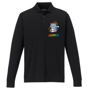 Gaymer Lgbt Cat Pride Rainbow Video Game Lovers Gift Performance Long Sleeve Polo