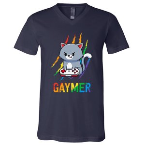 Gaymer Lgbt Cat Pride Rainbow Video Game Lovers Gift V-Neck T-Shirt