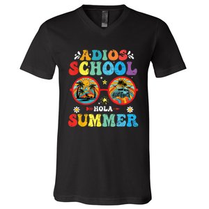 Groovy Last Day Of School Adios School Hola Summer Teacher V-Neck T-Shirt