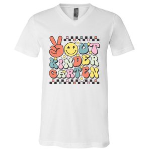 Groovy Last Day Of School Peace Out Kindergarten V-Neck T-Shirt