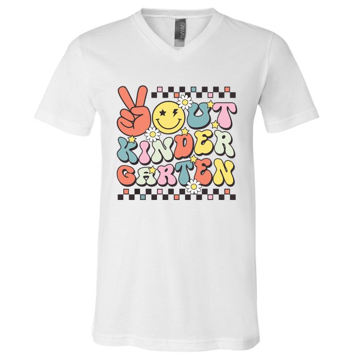 Groovy Last Day Of School Peace Out Kindergarten V-Neck T-Shirt