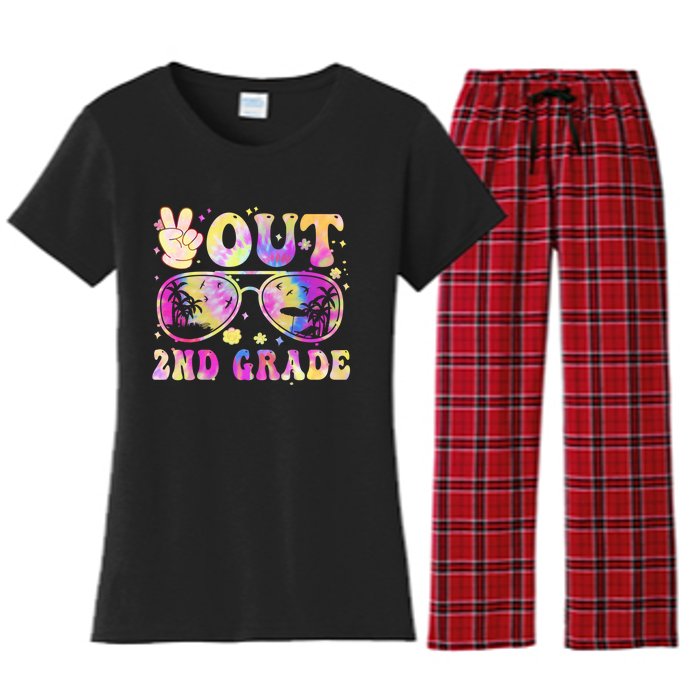 Groovy Last Day Of School Peace Out 2nd Grade Women's Flannel Pajama Set