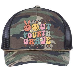 Groovy Last Day Of School 4th Grade Peace Out Fourth Grade Retro Rope Trucker Hat Cap