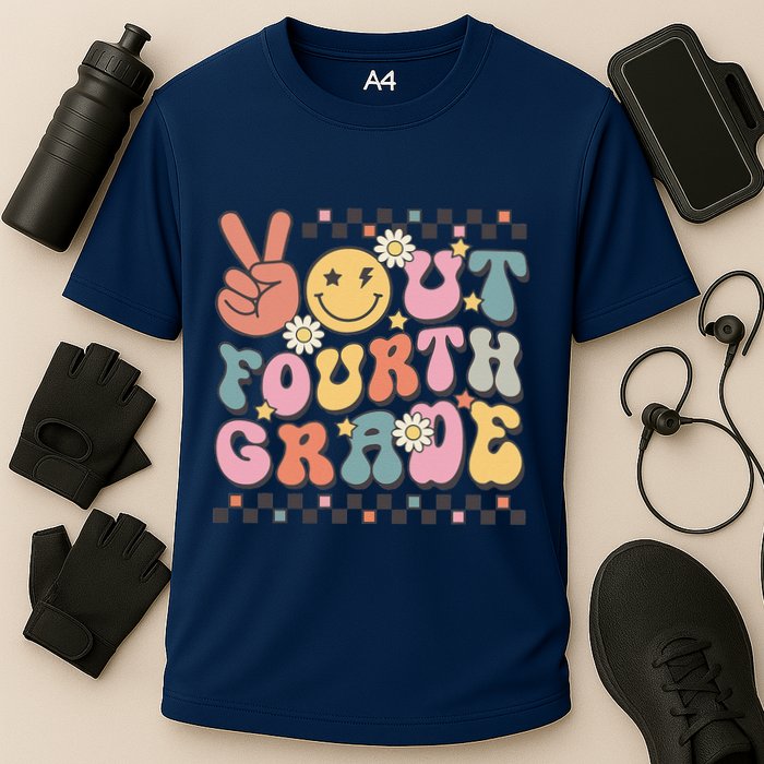 Groovy Last Day Of School 4th Grade Peace Out Fourth Grade Cooling Performance Crew T-Shirt