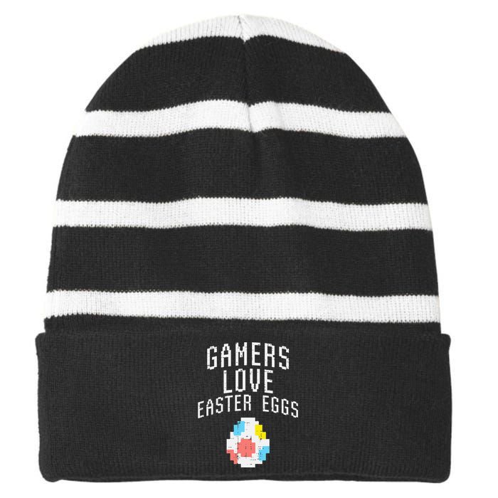 Gamers Love Easter Eggs Pixelated Easter Video Game Gaming Striped Beanie with Solid Band