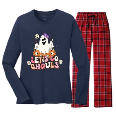 Groovy Lets Go Ghouls Ghost Retro Halloween Wo Girl Women's Long Sleeve Flannel Pajama Set 