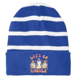 Groovy Lets Go Ghouls Cute Ghost Halloween Spooky Season Funny Gift Striped Beanie with Solid Band