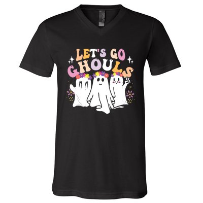 Groovy Lets Go Ghouls Cute Ghost Halloween Spooky Season V-Neck T-Shirt