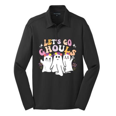 Groovy Lets Go Ghouls Cute Ghost Halloween Spooky Season Silk Touch Performance Long Sleeve Polo