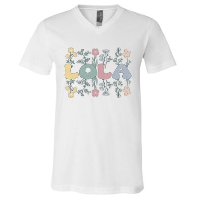 Groovy Lola Grandmother Flowers Lola Grandma V-Neck T-Shirt