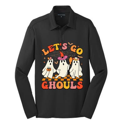 Groovy Lets Go Ghouls Halloween Ghost Silk Touch Performance Long Sleeve Polo