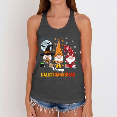 Gnomes Lover Halloween Merry Christmas Happy Hallothanksmas Women's Knotted Racerback Tank