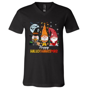 Gnomes Lover Halloween Merry Christmas Happy Hallothanksmas V-Neck T-Shirt