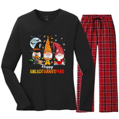 Gnomes Lover Halloween Merry Christmas Happy Hallothanksmas Women's Long Sleeve Flannel Pajama Set 