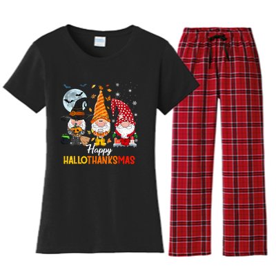 Gnomes Lover Halloween Merry Christmas Happy Hallothanksmas Women's Flannel Pajama Set