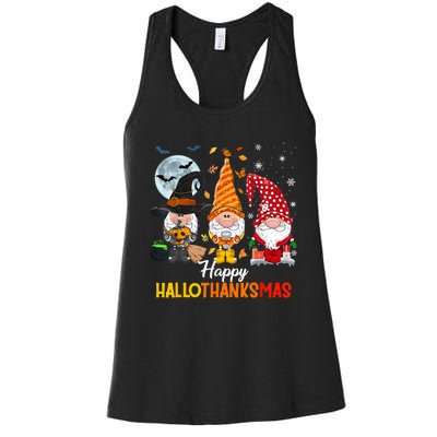 Gnomes Lover Halloween Merry Christmas Happy Hallothanksmas Women's Racerback Tank