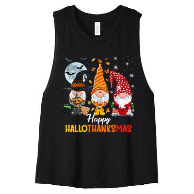 Gnomes Lover Halloween Merry Christmas Happy Hallothanksmas Women's Racerback Cropped Tank