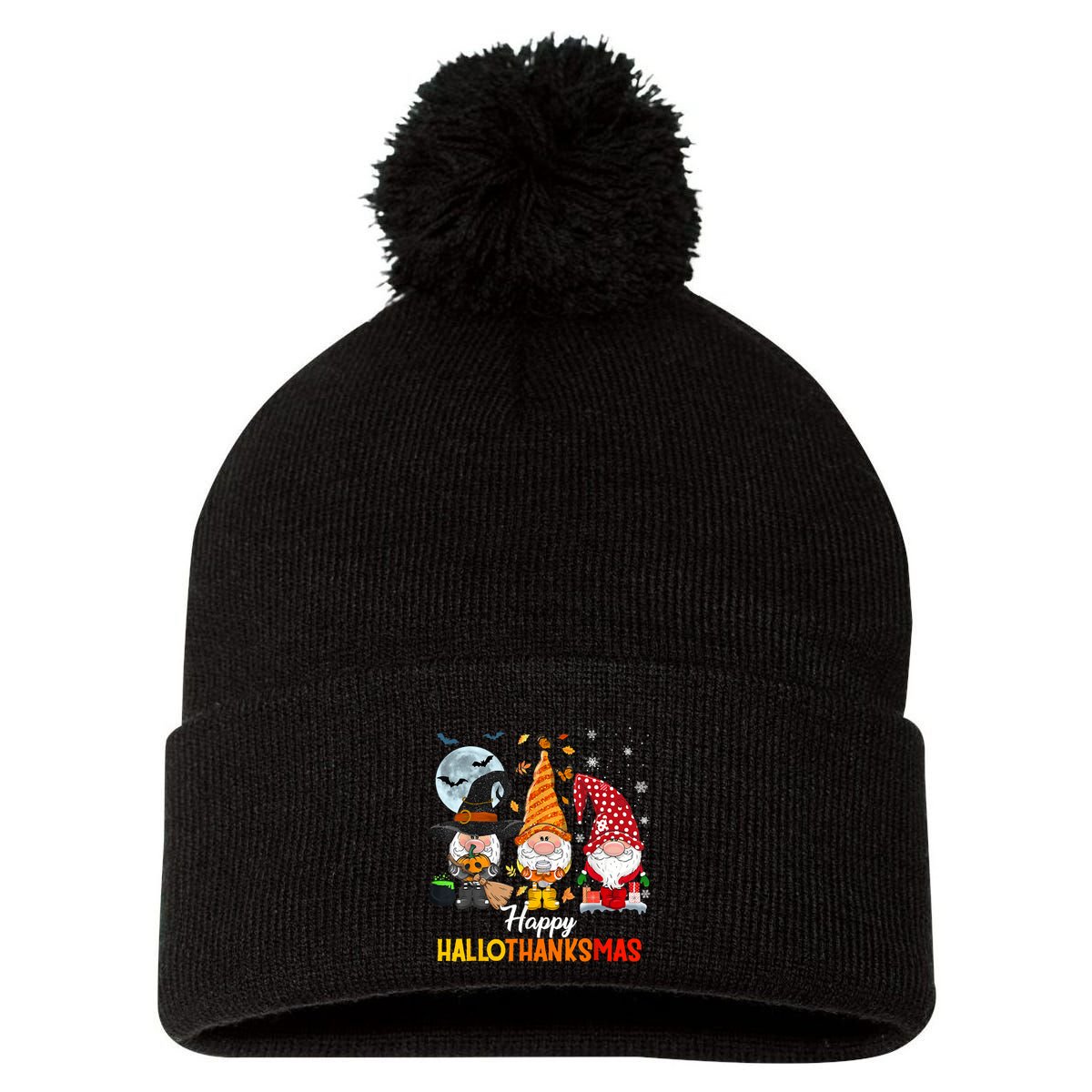 Gnomes Lover Halloween Merry Christmas Happy Hallothanksmas Pom Pom 12in Knit Beanie