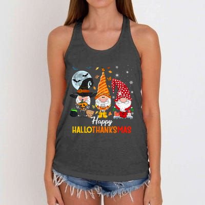 Gnomes Lover Halloween Merry Christmas Happy Hallothanksmas Women's Knotted Racerback Tank