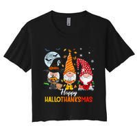 Gnomes Lover Halloween Merry Christmas Happy Hallothanksmas Women's Crop Top Tee