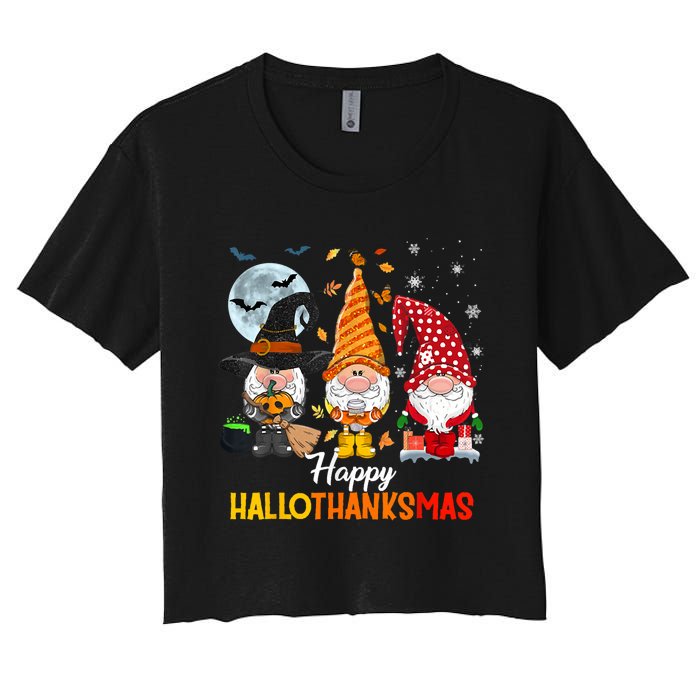 Gnomes Lover Halloween Merry Christmas Happy Hallothanksmas Women's Crop Top Tee