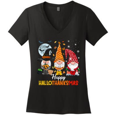 Gnomes Lover Halloween Merry Christmas Happy Hallothanksmas Women's V-Neck T-Shirt