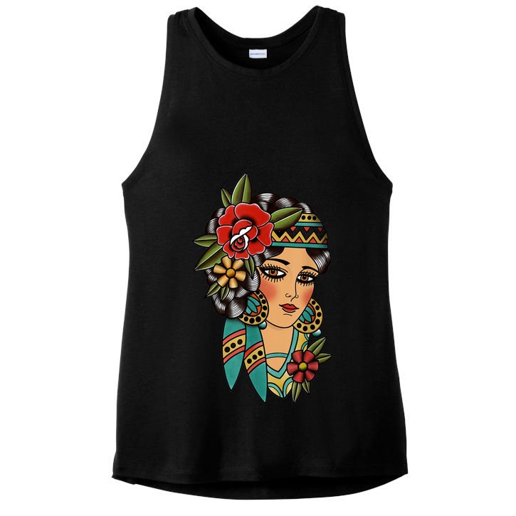 Gypsy Lady Head American Traditional Tattoo Design Ladies PosiCharge Tri-Blend Wicking Tank