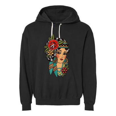 Gypsy Lady Head American Traditional Tattoo Design Garment-Dyed Fleece Hoodie