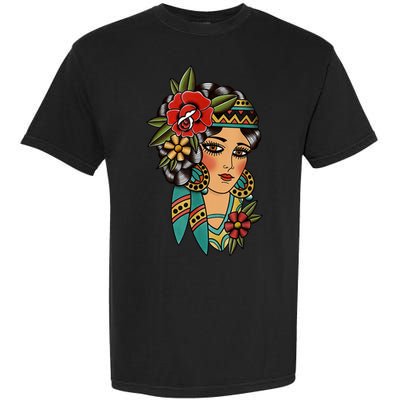 Gypsy Lady Head American Traditional Tattoo Design Garment-Dyed Heavyweight T-Shirt