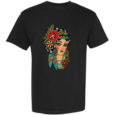 Gypsy Lady Head American Traditional Tattoo Design Garment-Dyed Heavyweight T-Shirt