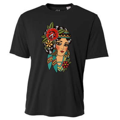 Gypsy Lady Head American Traditional Tattoo Design Cooling Performance Crew T-Shirt