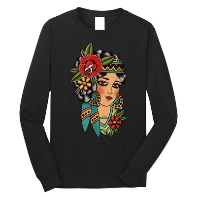 Gypsy Lady Head American Traditional Tattoo Design Long Sleeve Shirt