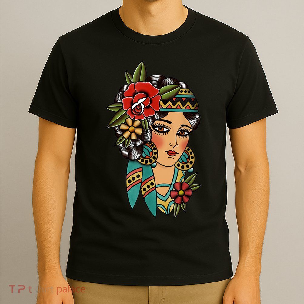 Gypsy Lady Head American Traditional Tattoo Design T-Shirt
