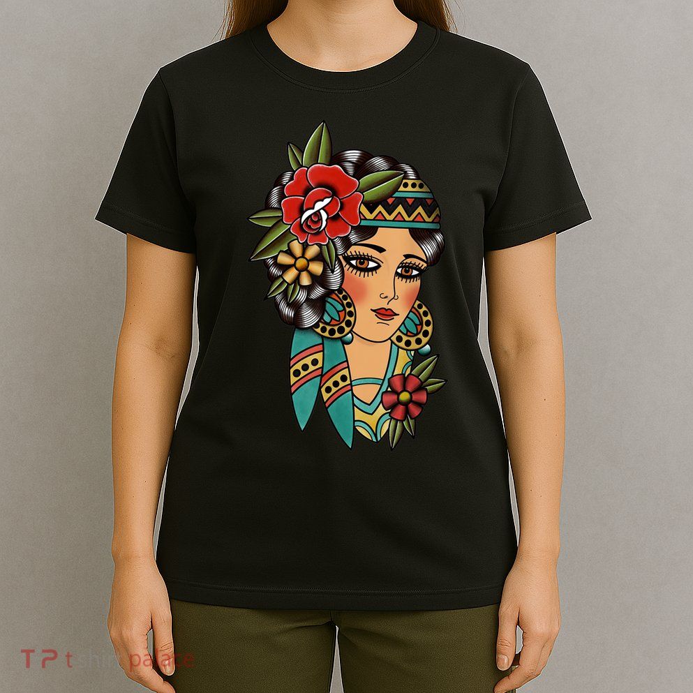 Gypsy Lady Head American Traditional Tattoo Design T-Shirt