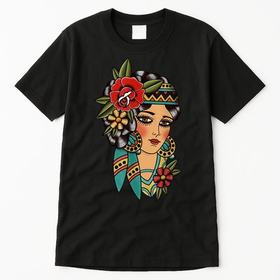 Gypsy Lady Head American Traditional Tattoo Design Tall T-Shirt