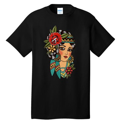 Gypsy Lady Head American Traditional Tattoo Design Tall T-Shirt